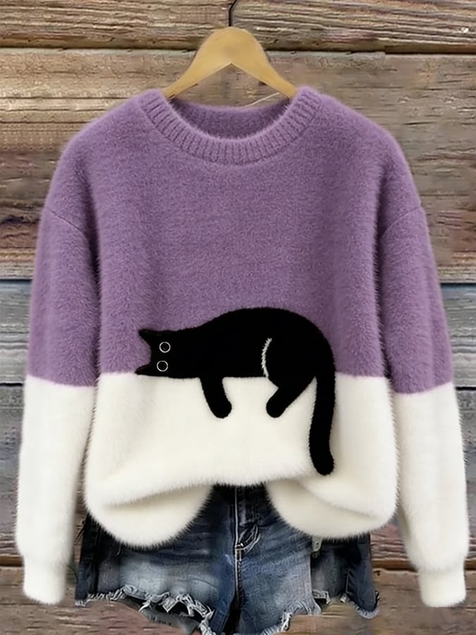 Alia | Pull Oversized avec Imprimé de Chat Élégant