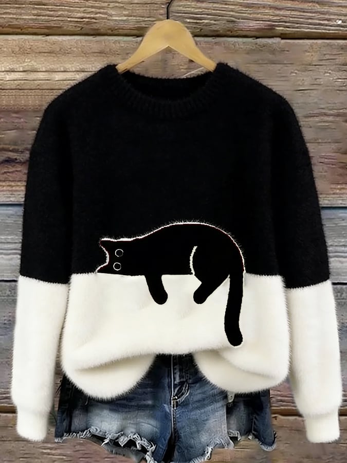 Alia | Pull Oversized avec Imprimé de Chat Élégant