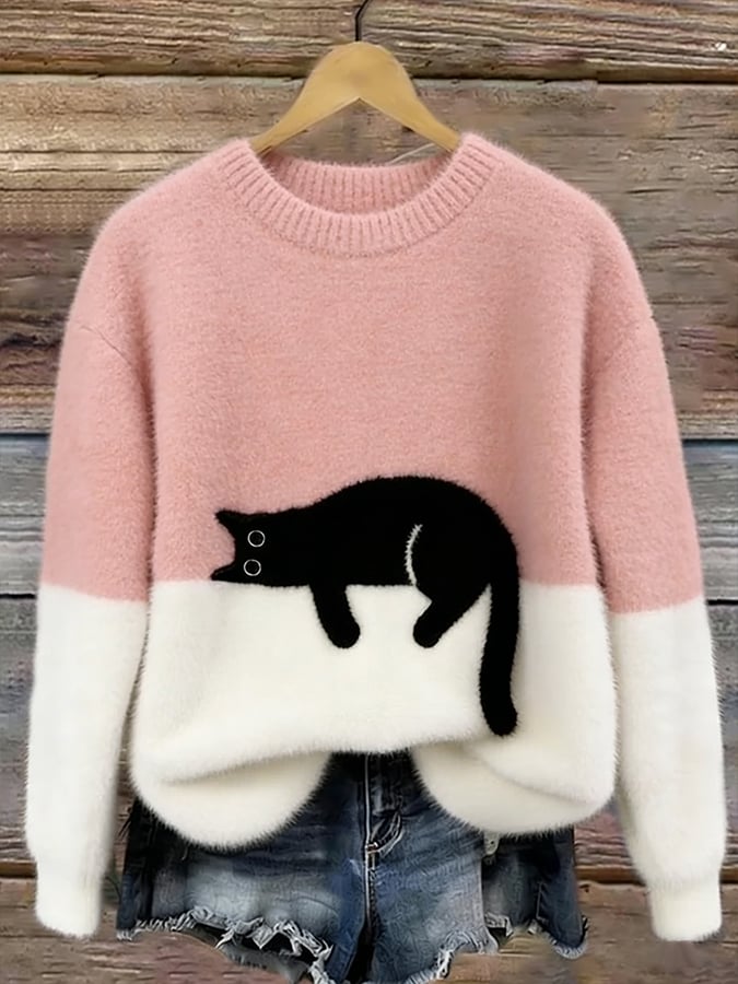 Alia | Pull Oversized avec Imprimé de Chat Élégant
