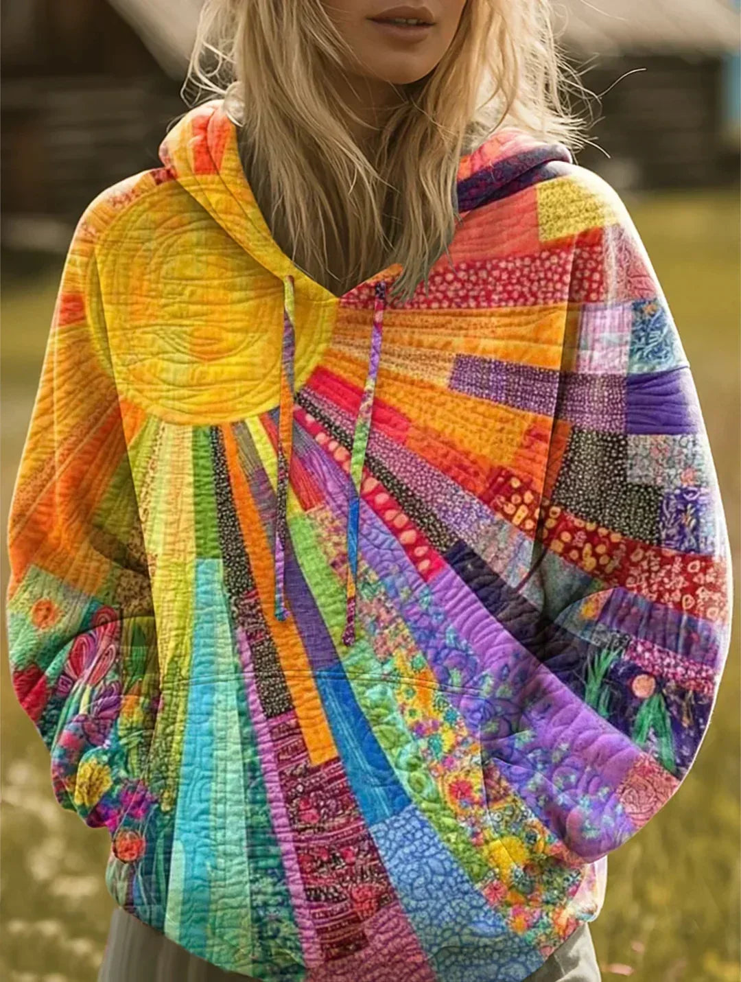 Dawnella | Sweat à capuche bohémien multicolore en patchwork